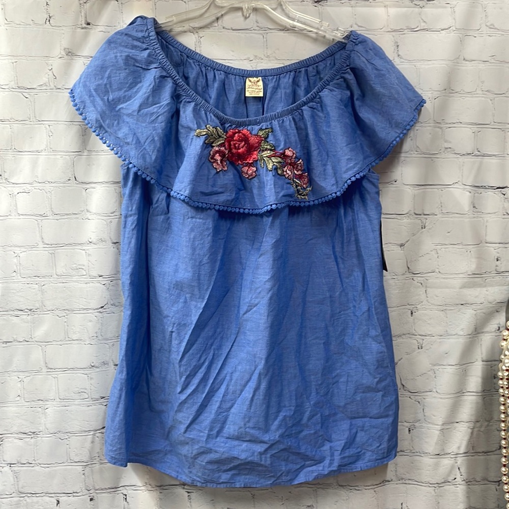 Faded Glory chambray new floral patch cotton 2x off shoulder top